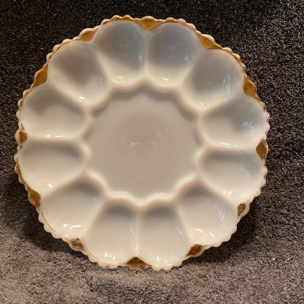 Vintage Milk Glass Trimmed in Gold Egg Server